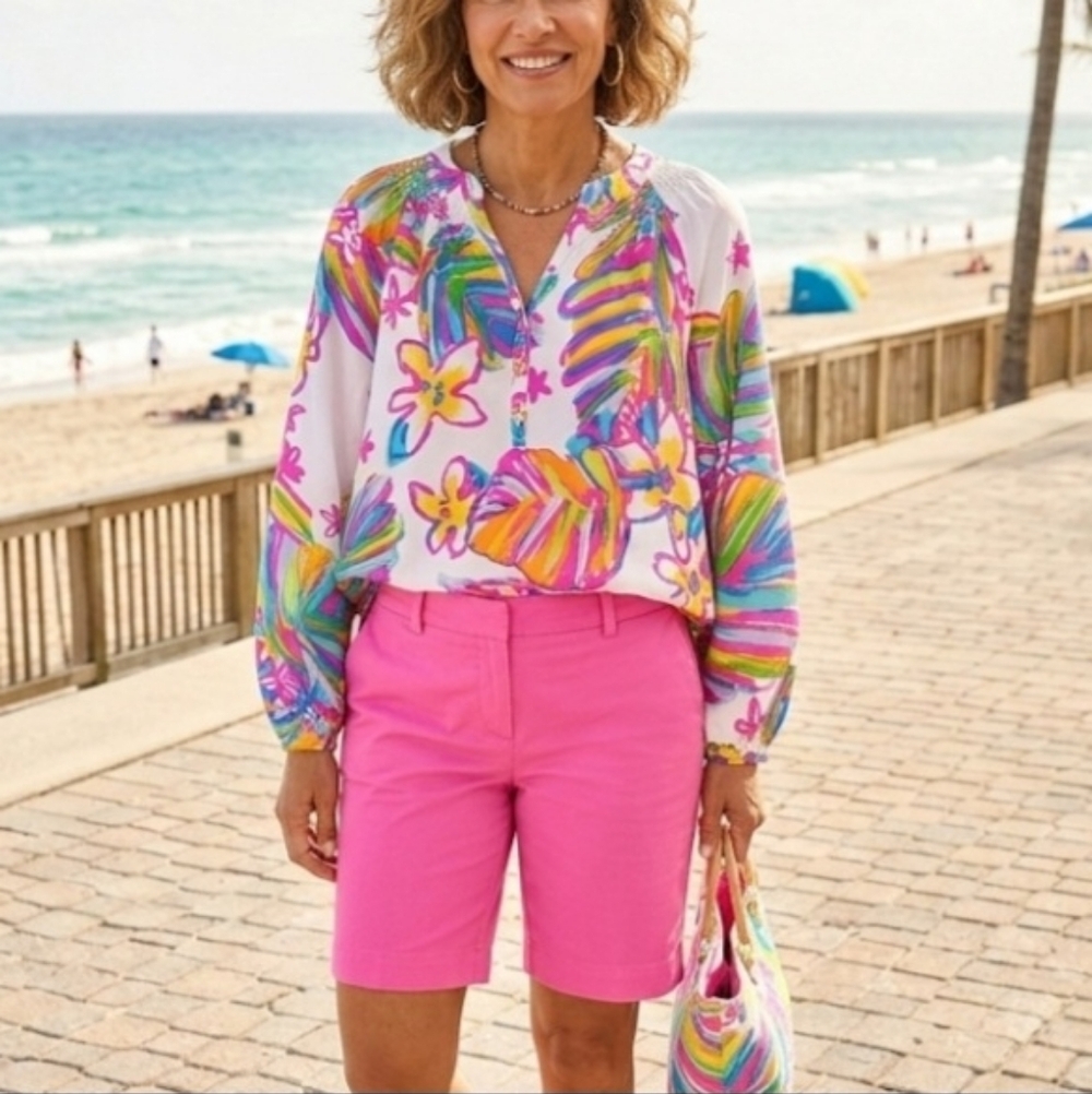 Lilly Pulitzer Elsa Long Sleeve 100% Silk Blouse In Summer Haze Size Small Flaws
